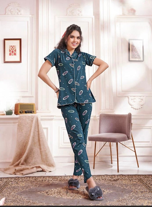 Printed Sinker Fabric Collar Night Suit Set – Women’s Loungewear & Nightwear (M to 2XL)