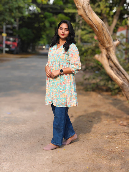 Sea Blue Georgette Floral Printed Gathered Tunic for Women – m to 3XL