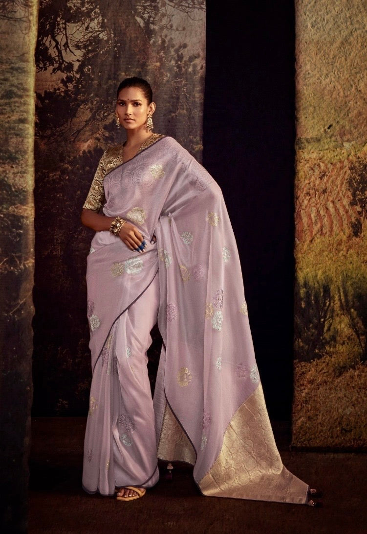 Organza Tissue Silk Saree with Embroidery or Swarovski Work and Heavy Designer Blouse – Wedding and Festive Wear for Women