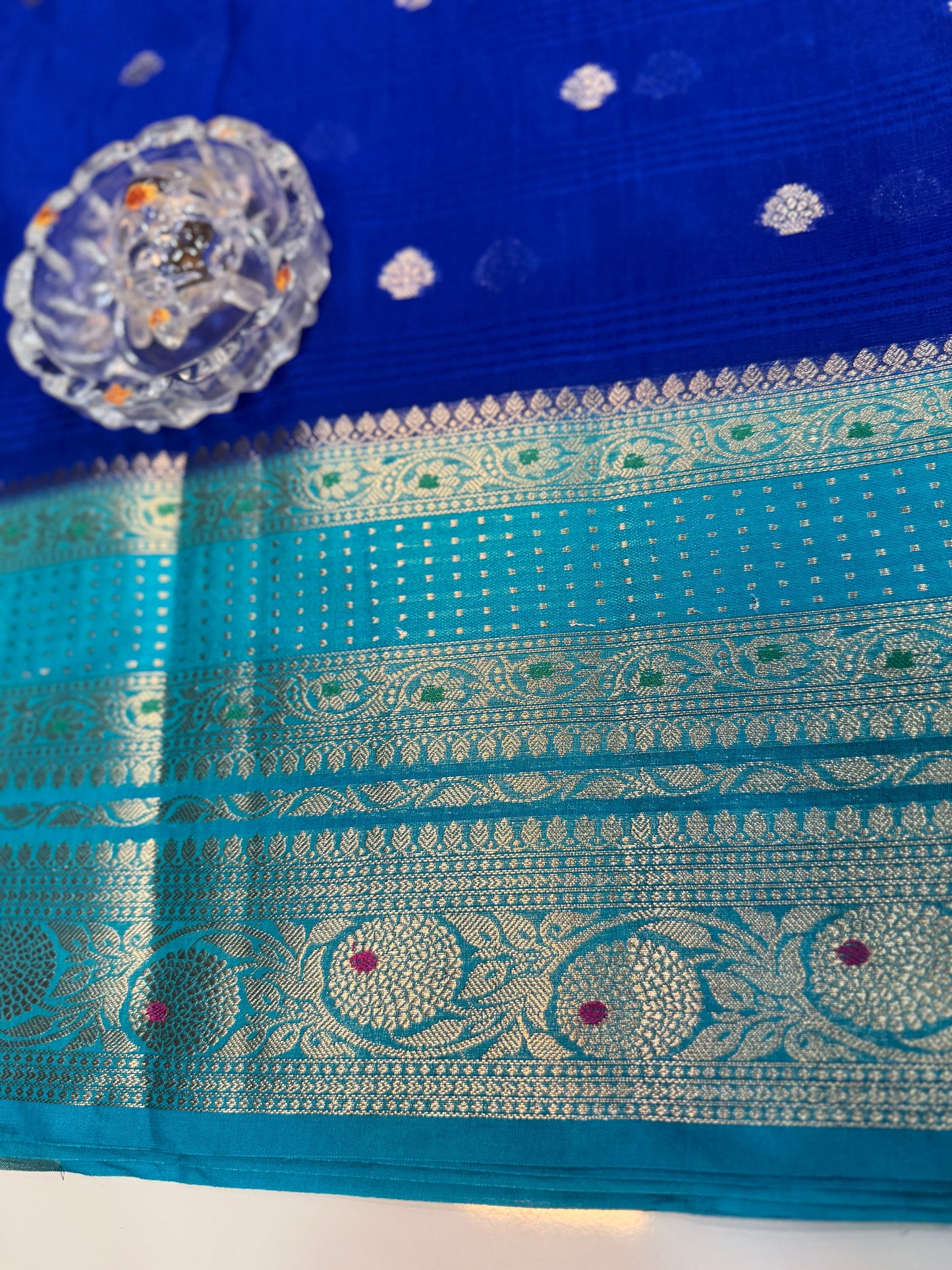 Banarasi semi georgette silk saree with gold zari weaving, meenakari big border and buti design for women