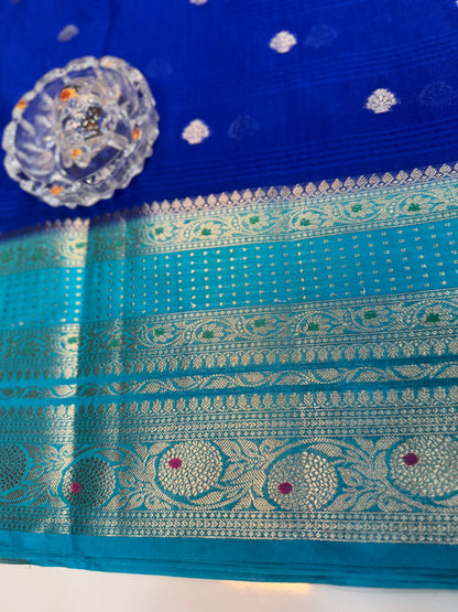 Banarasi semi georgette silk saree with gold zari weaving, meenakari big border and buti design for women