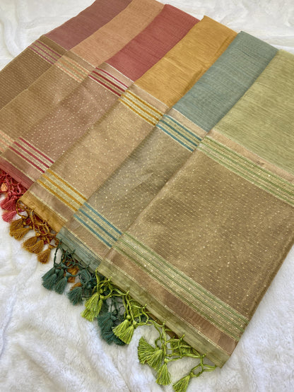Soft Banarasi Tissue Silk Saree with Sequin Pallu, Gold Border and Running Blouse