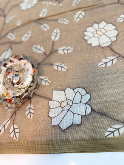 Linen printed saree with floral vine design, contrast border and tassel pallu, women’s daily wear saree