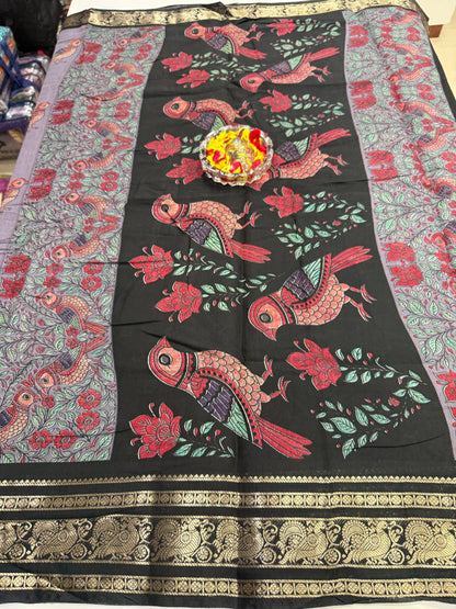 Venkatagiri style silk-blend printed saree with bird motifs and zari-style border, 6.3m women’s festive saree