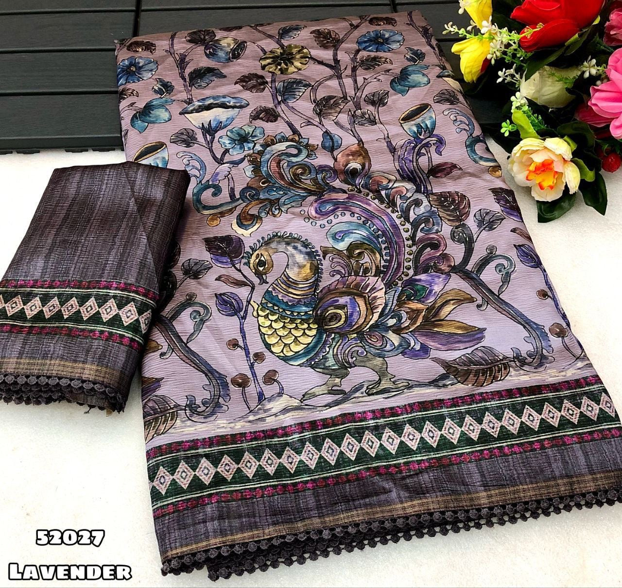 Semi Tussar Silk Saree with Floral Kalamkari Digital Print and Lace Border with Printed Blouse