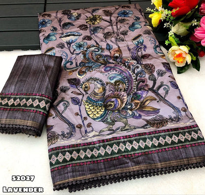 Semi Tussar Silk Saree with Floral Kalamkari Digital Print and Lace Border with Printed Blouse