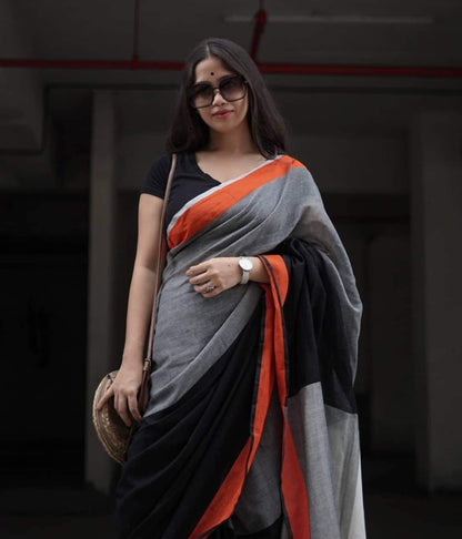 Charcoal Cotton Blend Textured Weave Saree with Matching Blouse Piece for Women
