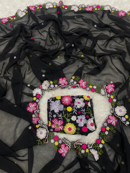 Women’s Pure Georgette Saree with Multi-Color Thread Work, Tassels and Heavy Embroidered Blouse