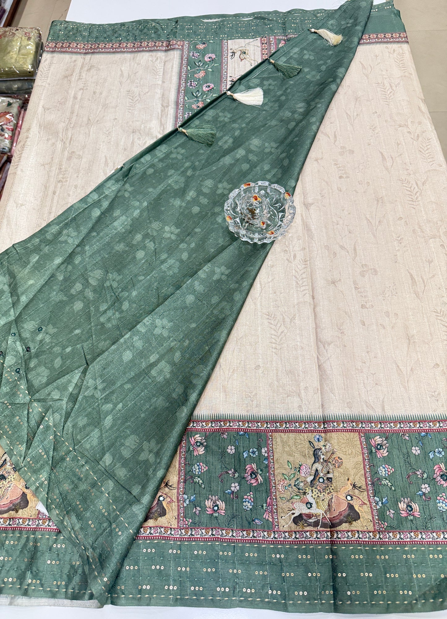 Tussar Fabric Saree with Katha Print Border, Mirror Work and Matching Blouse