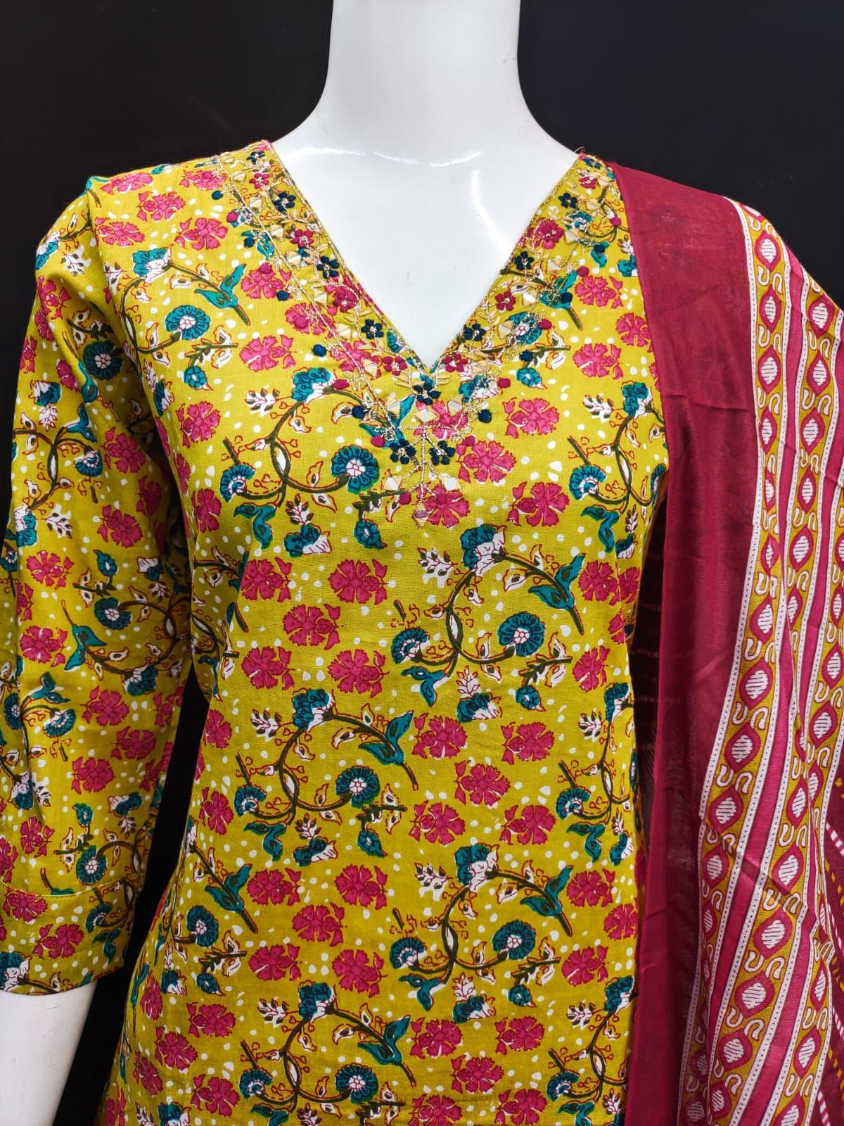 Cotton Kurti Pant Dupatta Set with Handwork and Mirror Detailing for Women