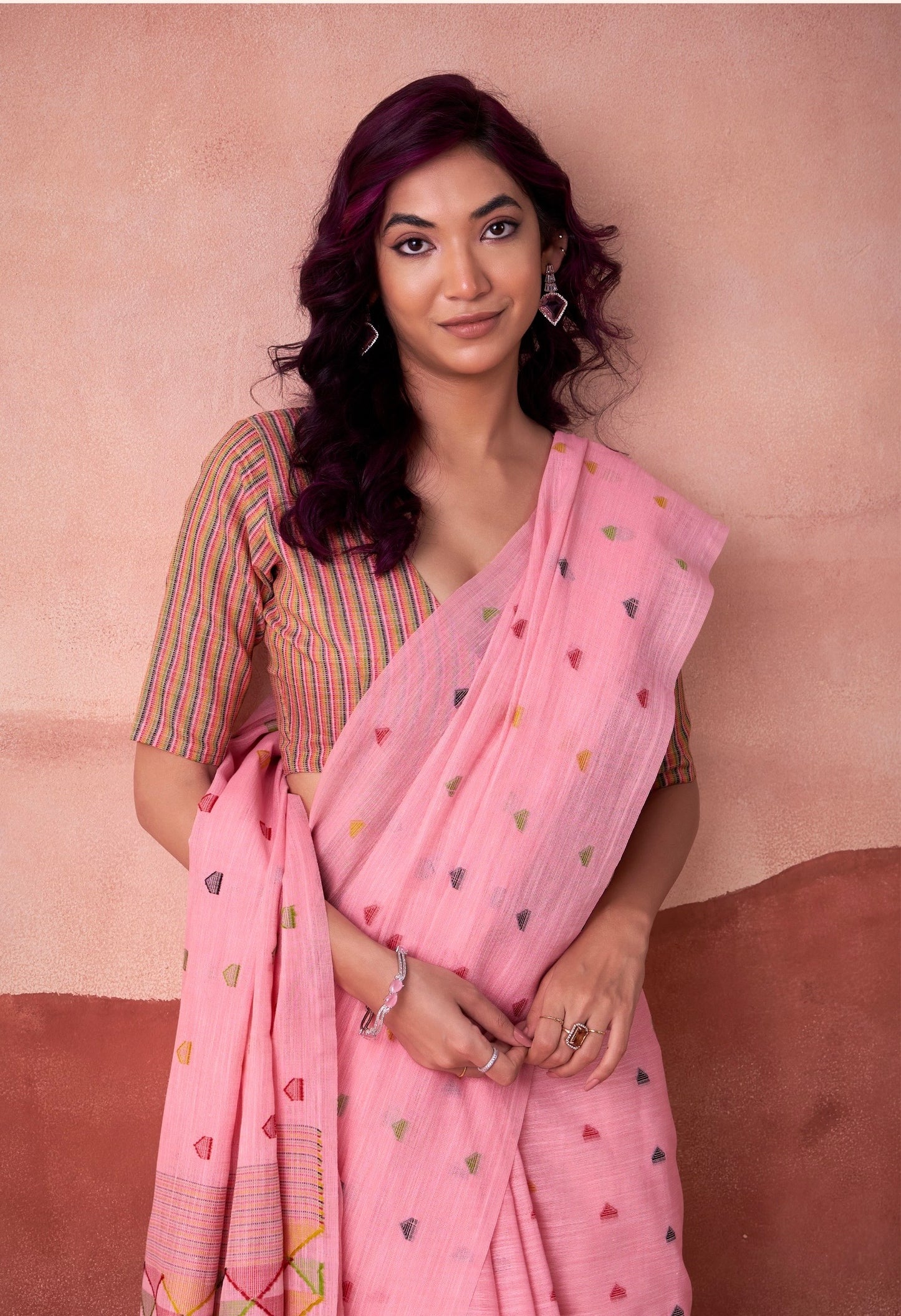 linen silk printed saree with geometric pallu and multicolor motifs – ethnic wear for women