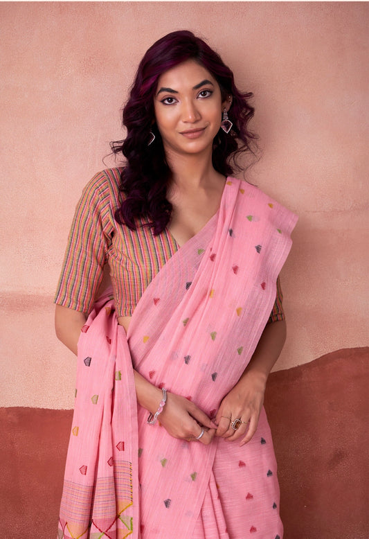 linen silk printed saree with geometric pallu and multicolor motifs – ethnic wear for women