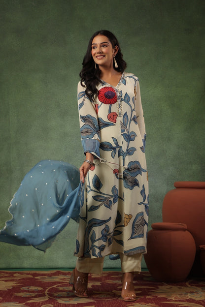 Pure Crepe Kurti Pant Dupatta Set for Women with Intricate Bits Work – Sizes 38 to 44