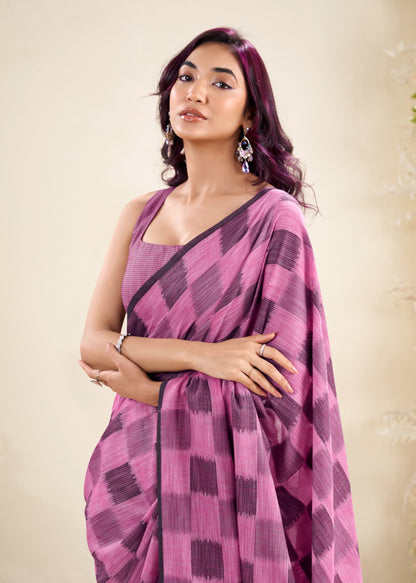 linen silk saree with checked pattern and floral border – lightweight ethnic wear for women