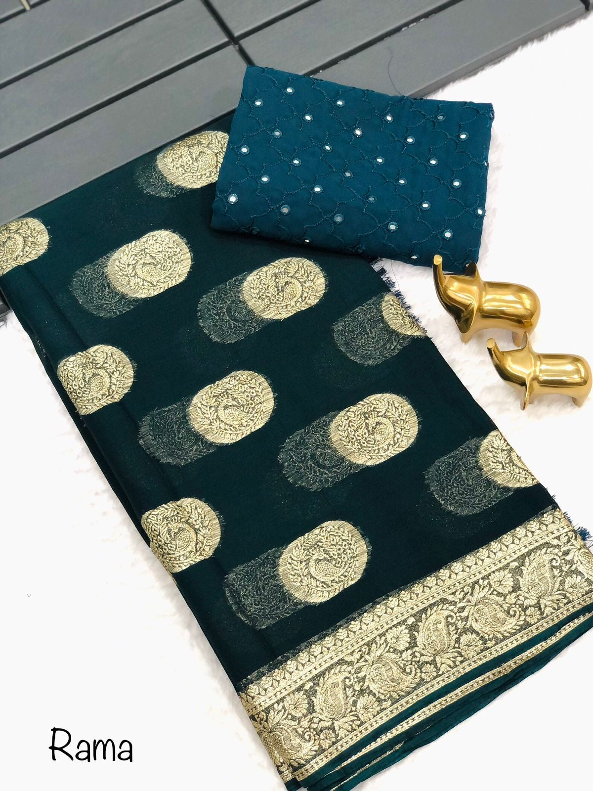 Women’s Pure Viscose Georgette Saree with Gold Zari Weaving, Zalar Pallu and Foil Mirror Work Blouse