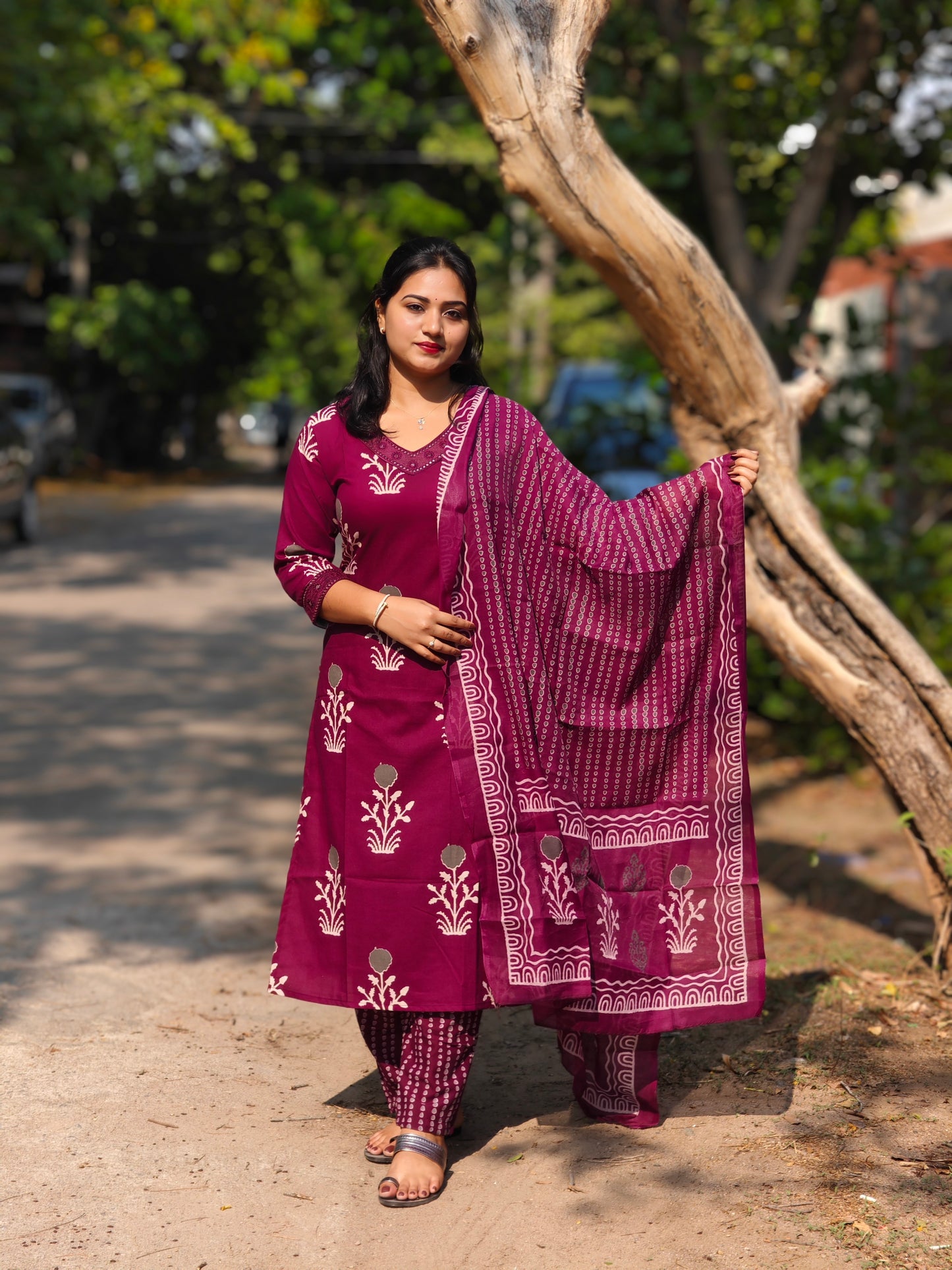 Viscose Rayon Floral Printed Suit Set in Deep Pink Maroon