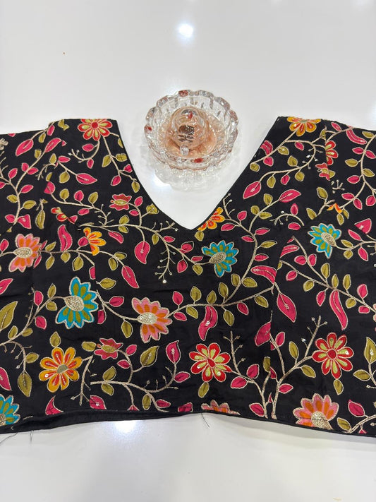 Pure silk embroidered readymade blouse for women, floral print, 3/4 sleeve, padded, size 38–42, 15 inch length