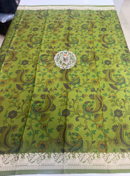 Pure Crepe Mysore Silk Saree for Women – Kalamkari Print with Kathan Border, 75 Gram, Silk Mark Certified