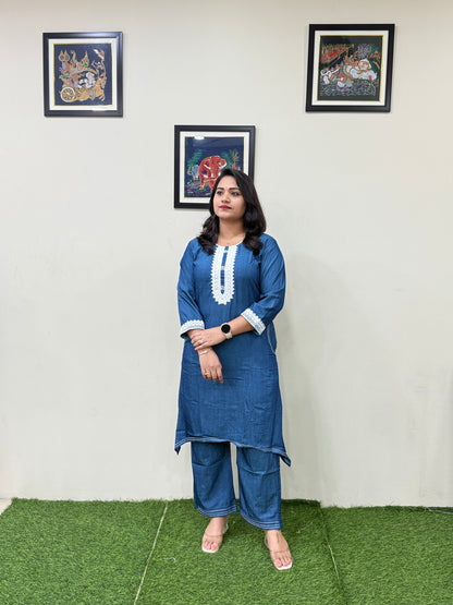 Premium Fancy Denim Co-Ord Set for Women with Thread Work – Fish-Cut Top and Pocket Pant