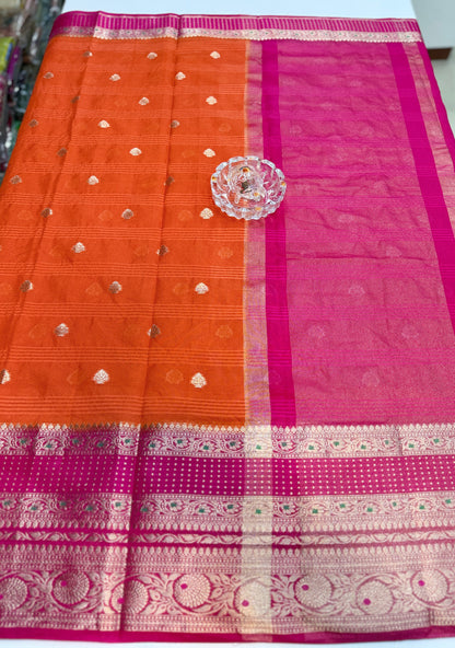 Banarasi semi georgette silk saree with gold zari weaving, meenakari big border and buti design for women
