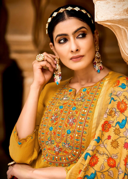 Viscose Embroidered Kurta Pant Dupatta Set with Khatli Mirror Work and Digital Print Dupatta – L to 3XL