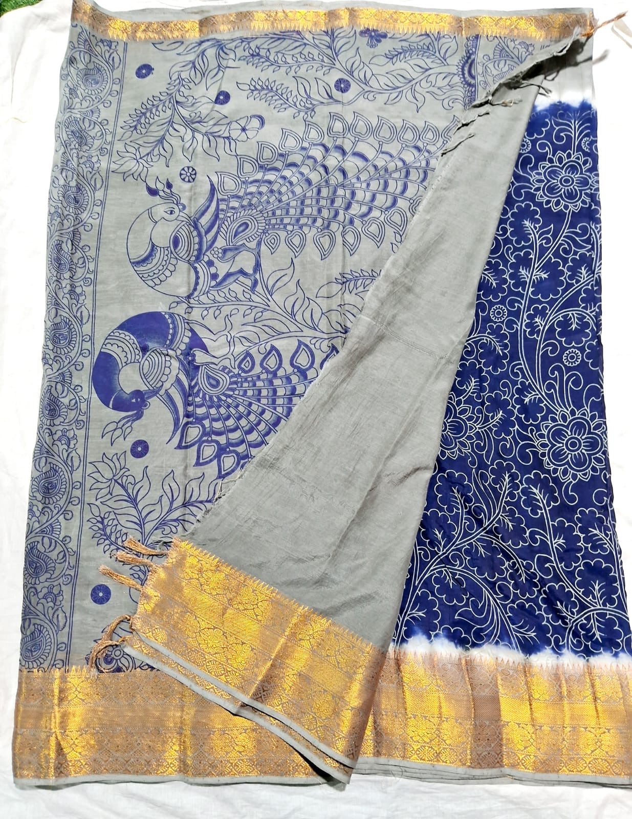 Chennuri Pure Silk Saree with Outline Kalamkari Design and Traditional Kanchi Borders