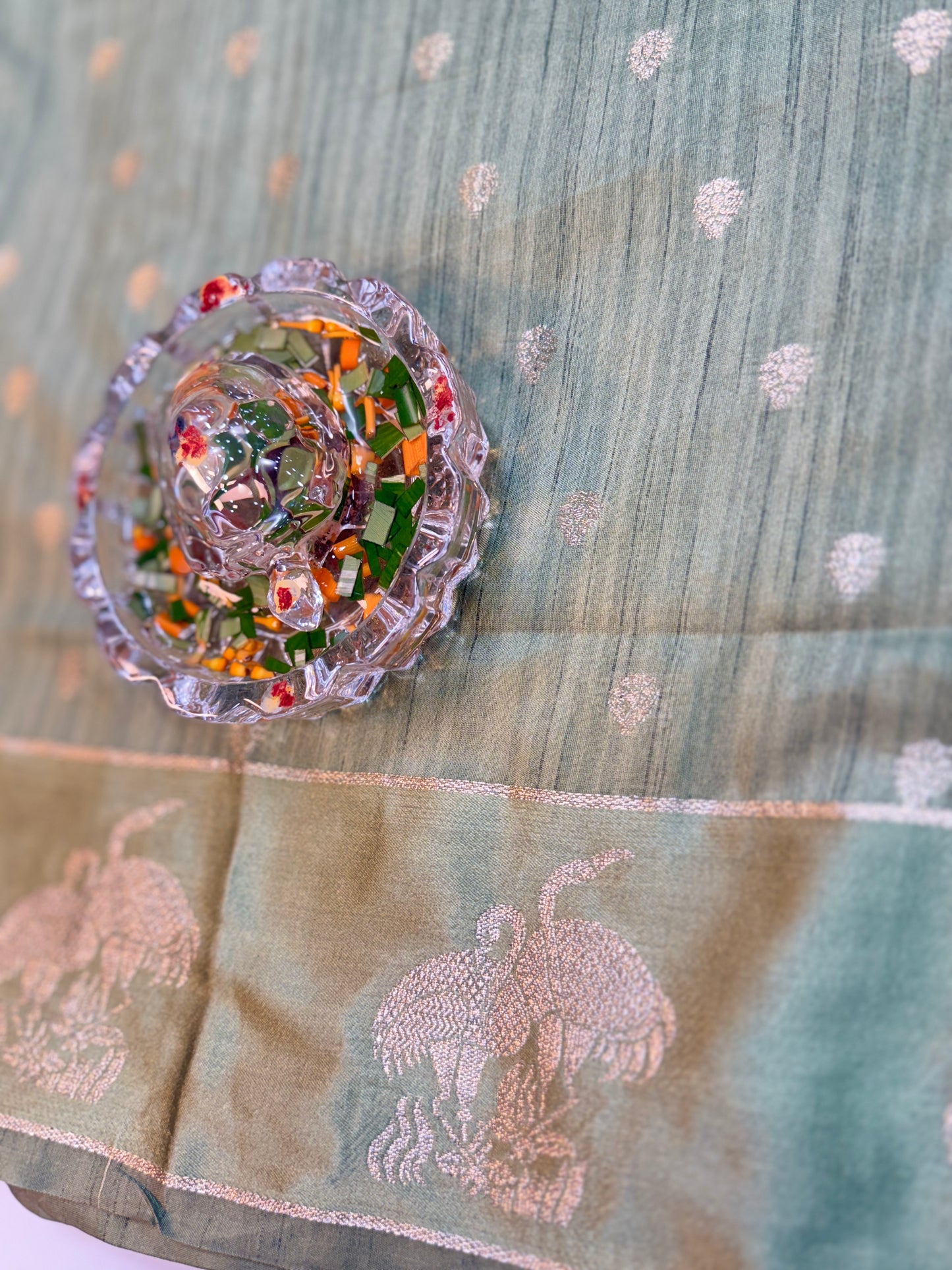 Tussar silk saree with satin border and zari woven motifs for women