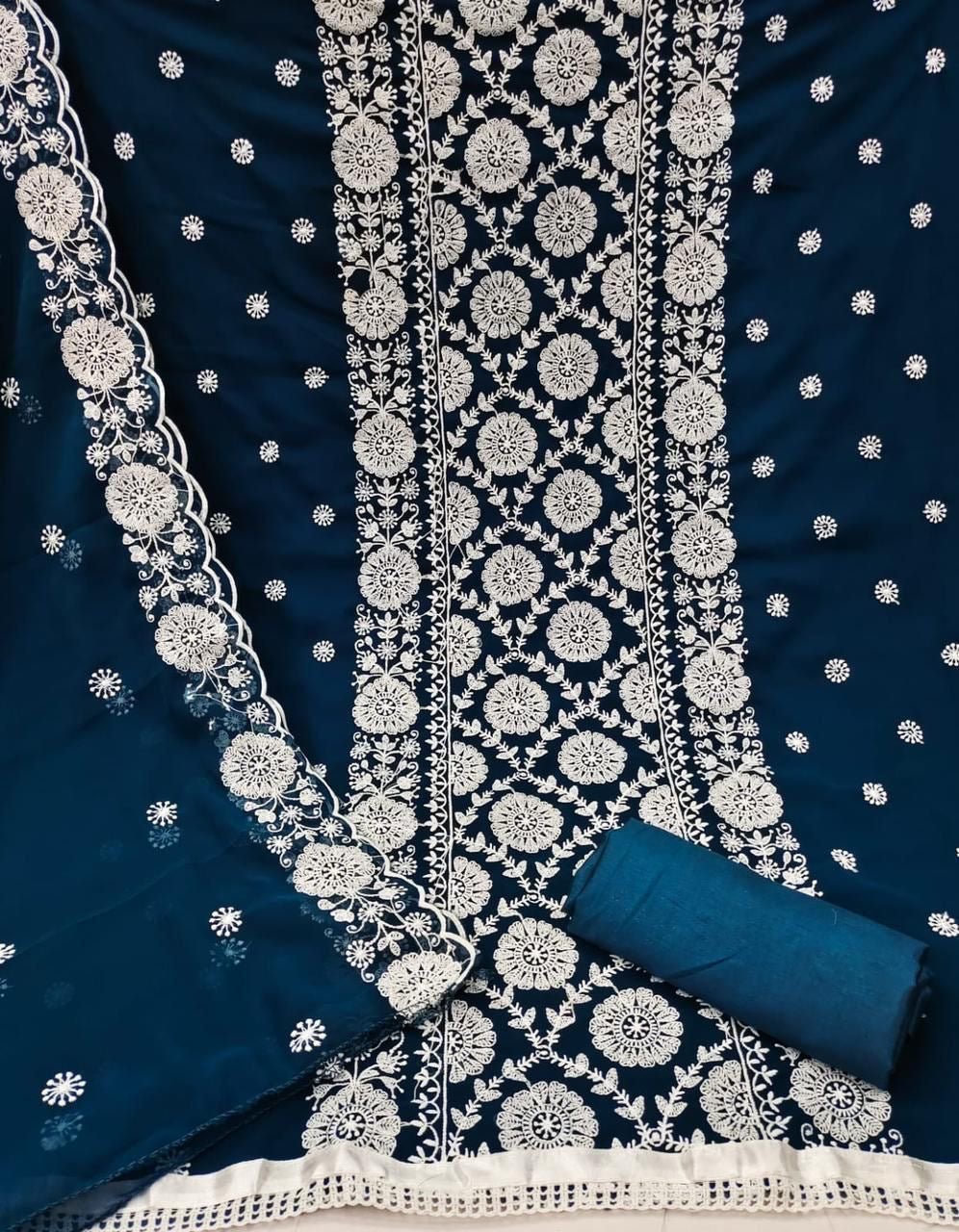 Unstitched Georgette Dress Material Set with Cotton Dhaga Work, Shantoon Bottom and Dupatta