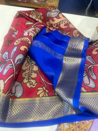 Pure Crepe Mysore Silk Saree for Women – 75 Gram, Digital Print, Contrast Blouse, Silk Mark Certified