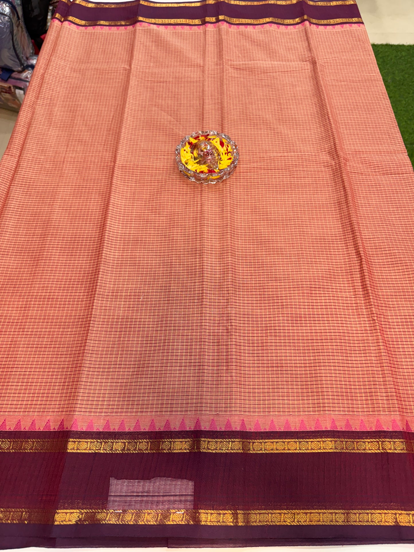 Kanchi cotton saree with checked putta design and zari thread border, 6.2m with running blouse, women’s traditional saree