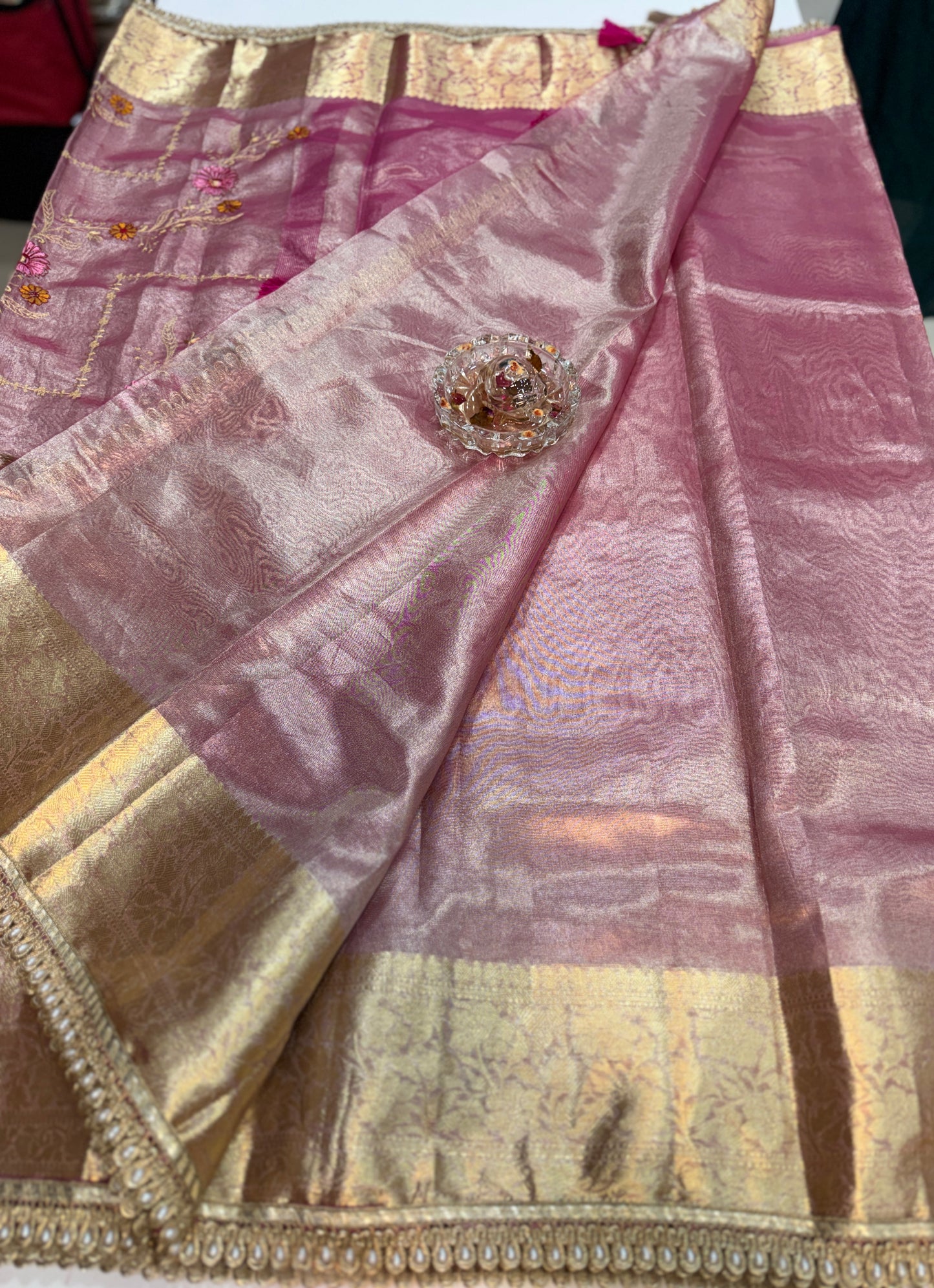 Banarasi Glass Tissue Saree for Women with Meenakari Embroidery, Gold Zari Border, Pearl Lace Handwork and Tassel Pallu