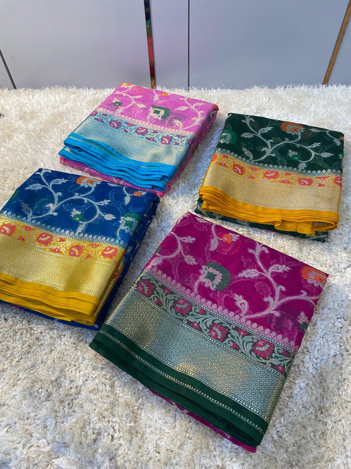 Banarasi Meenakari Georgette Silk Saree with Multi-Color Floral Weaving and Meena Border Blouse