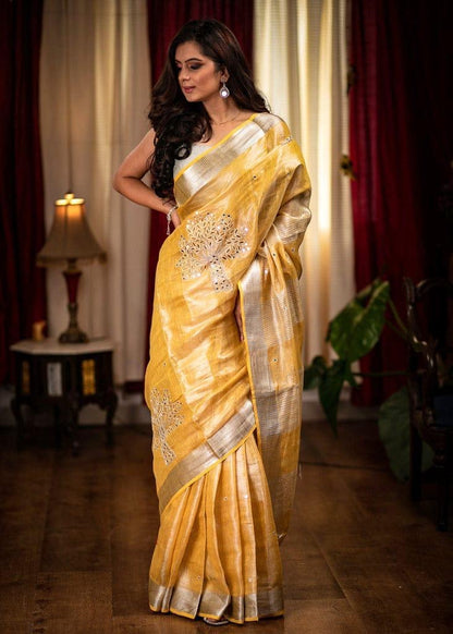 Pure Tissue Linen Saree with Exquisite Hand Work and Running Blouse Piece – Festive Wear