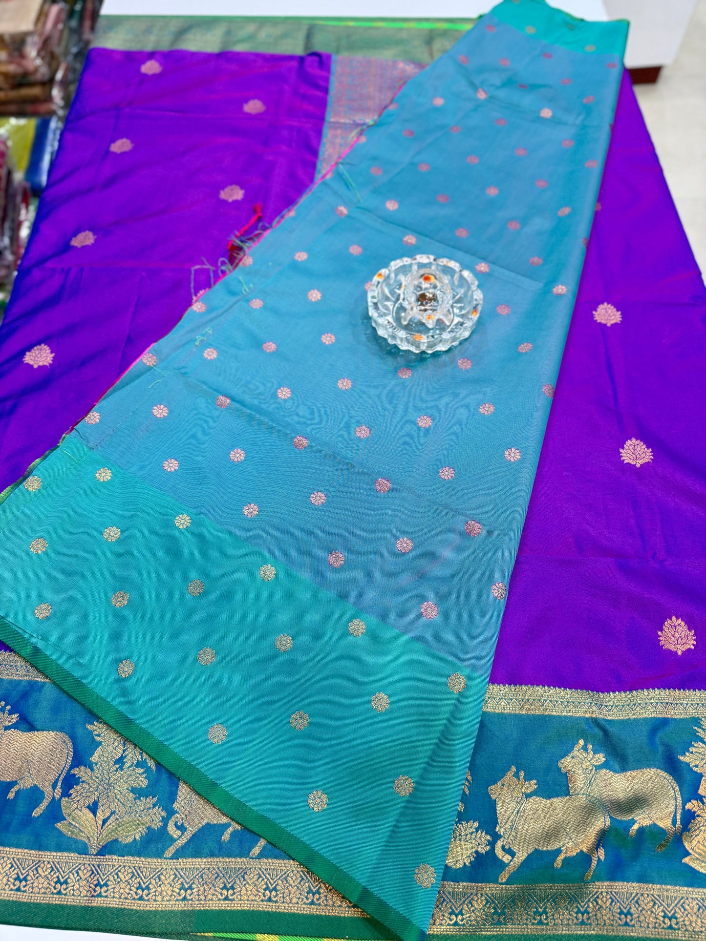 Handloom styled Silk Pichwai Saree with Woven Border and Contrast Blouse