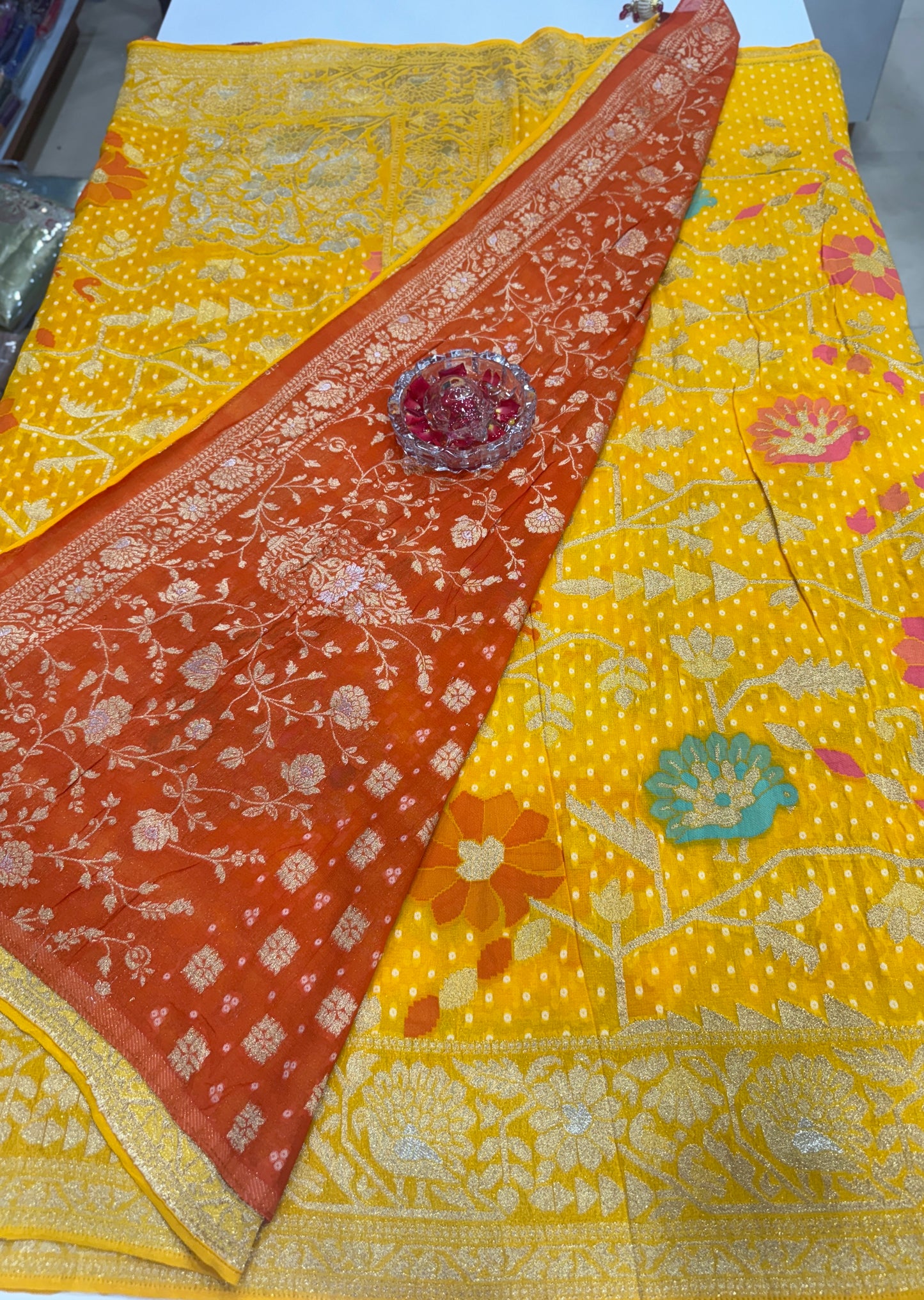 Pure Kaddi Georgette Zari Weaving Saree in Mustard Yellow with All-Over Jaal and Floral Buti Work – Festive & Wedding Wear Saree for Women