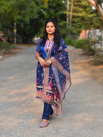 Pure Muslin Silk Jaipuri Kurti Set with Printed Design, Rayon Cotton Pants & Maslin Dupatta – Sizes M to XXL