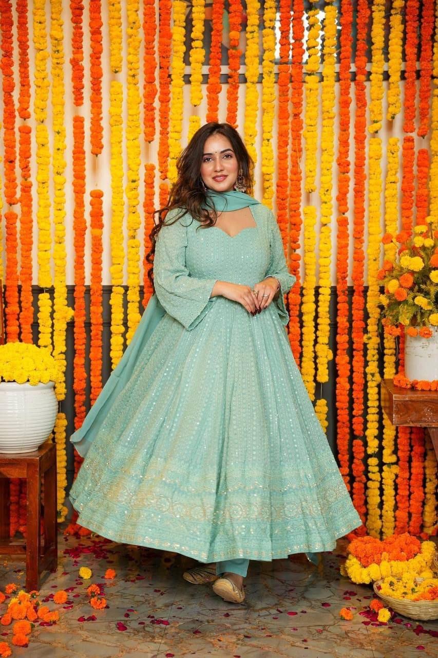 Pastel Blue Fox Georgette Chikankari Anarkali Suit Set with Dupatta and Bottom – Women’s Size 44