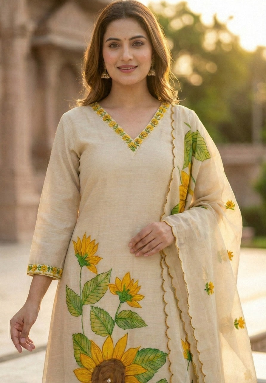 Embroidered Jamdani Kurta Pant Dupatta Set for Women with Lining, Cream