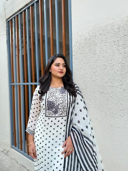 Organza kurta set for women with applique floral work, cutdana detailing, shantoon pant and dupatta