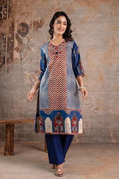 Jaipuri Cotton Kurti Pant Set for Women with Chevron Print and Mughal Border – Sizes 38 to 46