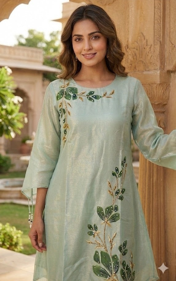 Brush painted shimmer tissue kurta pant set for women, asymmetric kurta with detailing work, sizes 38 to 44