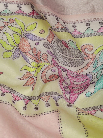 Soft Pure Linen Saree with Floral Print, Kantha Lotus Border, Zari Lining, and Running Blouse