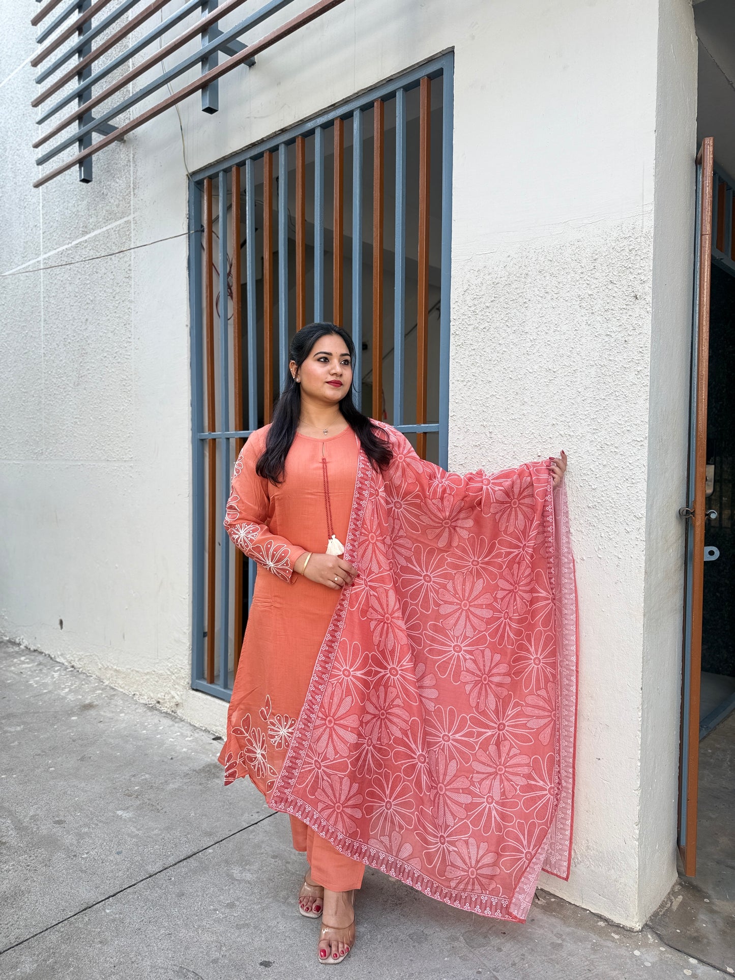 mul chanderi kurti pant and dupatta set for women with detailing work