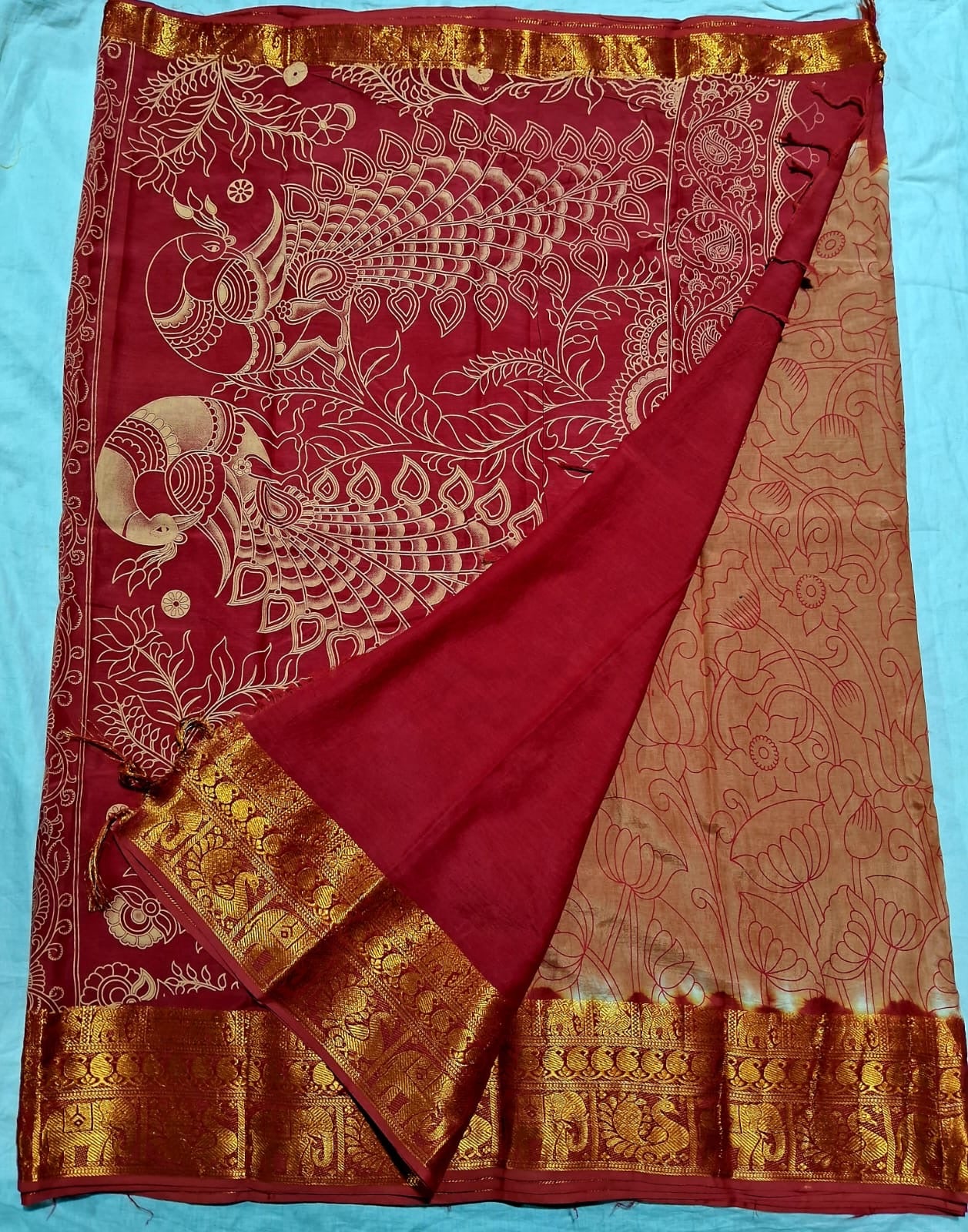 Chennuri Pure Silk Saree with Outline Kalamkari Design and Traditional Kanchi Borders