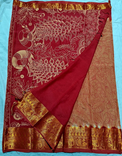 Chennuri Pure Silk Saree with Outline Kalamkari Design and Traditional Kanchi Borders