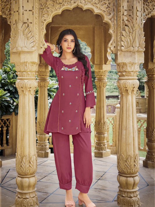 Viscose rayon co-ord set for women with short kurti and Afghani pant in thread and handwork – ethnic fusion wear
