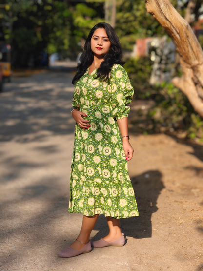 Green Cotton Floral Printed A-Line Midi Dress with V-Neck and Three-Quarter Sleeves – L to 3XL