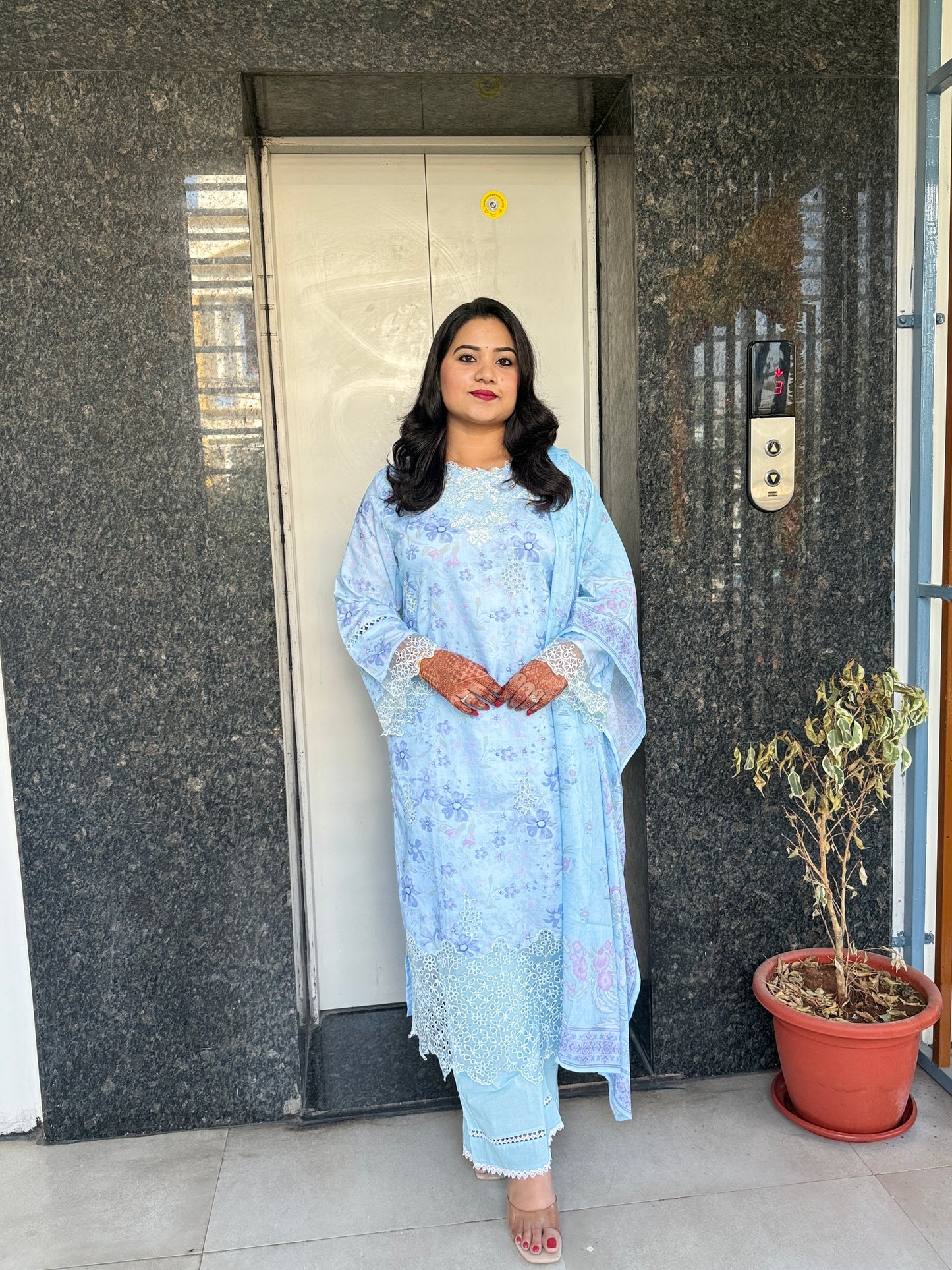 Women’s Pastel Blue Cotton Suit Set with White Lace Embroidery and Dupatta – Sizes M to 3XL