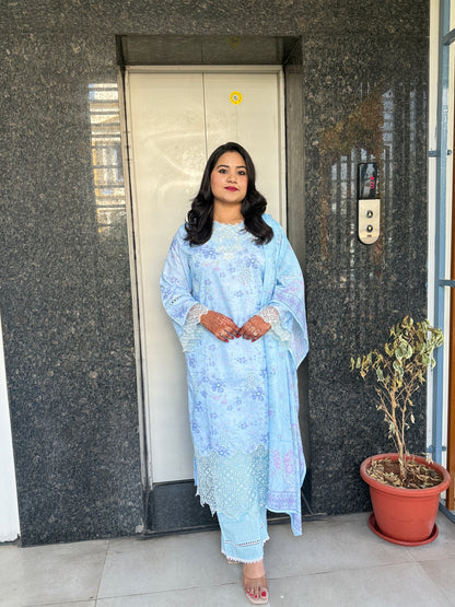 Women’s Pastel Blue Cotton Suit Set with White Lace Embroidery and Dupatta – Sizes M to 3XL