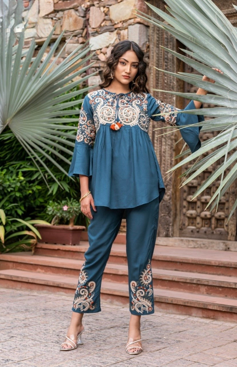Embroidered Cotton Blend Kurta Pant Set with Bell Sleeves and Hem Work for Women